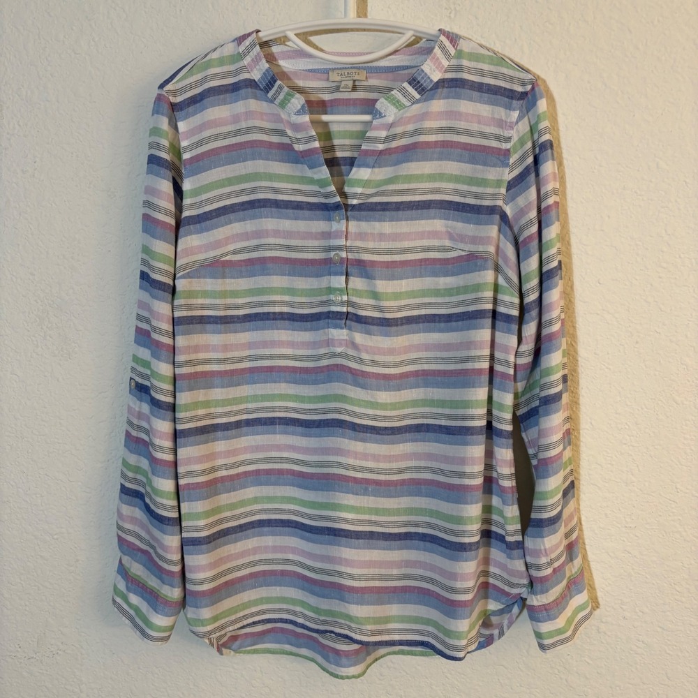 Talbots Striped Linen Blend Camp Shirt Size Medium Petite